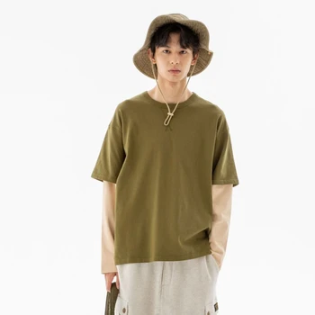 Мужская футболка в стиле пэчворк из двух предметов, весенне-осенняя мода, Винтажные базовые футболки в японском стиле, подростковые Унисекс, Свободные повседневные топы