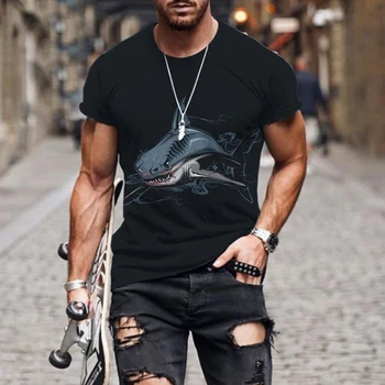 Мужская футболка с 3D принтом свирепой акулы, круглым вырезом, коротким рукавом, забавным животным принтом, уличная одежда 2022, Летние повседневные Свободные мужские футболки, топы