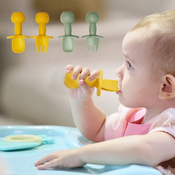 Набор детских силиконовых вилок-ложек с короткой ручкой Для Приучения младенцев к поеданию мягкой посуды Для кормления малышей, аксессуары для шлифования зубов