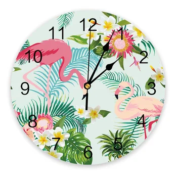 Настенные часы из ПВХ с цветами тропических растений Flamingo Современный дизайн Украшения гостиной Настенные часы Home Decore Настенные Цифровые часы