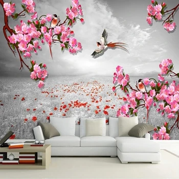 Нестандартный размер Ретро Розовые цветы Птица Пейзаж Фотообои для спальни Гостиная ТВ Фон стены Нетканая бумага 3D
