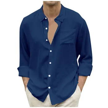 Новая мужская повседневная блузка хлопковая льняная рубашка Свободные топы Футболка с длинным рукавом Весна Осень Повседневные красивые мужские рубашки
