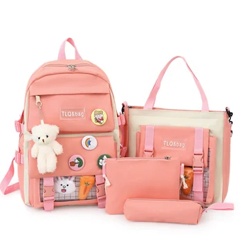 Новые комплекты из 4 предметов, женские школьные сумки, нейлоновый женский рюкзак Kawaii, модные сумки для книг