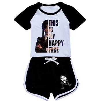 Новые комплекты одежды для детей Wednesday Addams, летняя одежда для девочек, спортивные костюмы с короткими рукавами и принтом, детская футболка + брюки, наряды