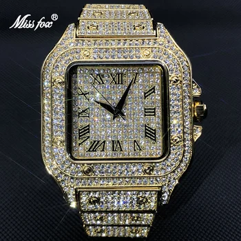 Новые роскошные квадратные Тонкие мужские часы в стиле хип-хоп, золотой браслет с муассанитом, деловые кварцевые часы из нержавеющей стали, ювелирные изделия