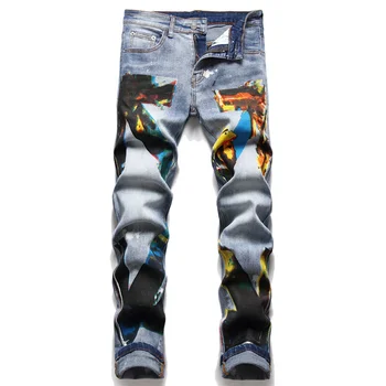 Новые узкие джинсы-стрейч в европейском и американском стиле, синие повседневные брюки со средней талией с буквенным принтом 2022, весенне-осенние модные уличные брюки