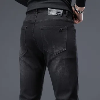 Осенне-зимние мужские джинсовые брюки, хлопчатобумажные прямые эластичные мужские брюки