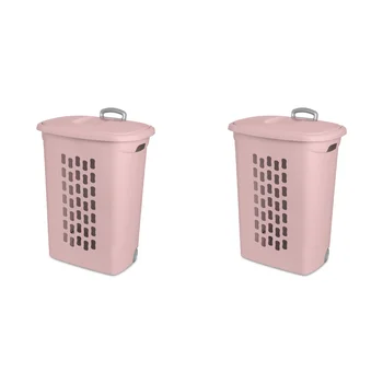 Пластиковая корзина для белья на ультраколесах, розового цвета, комплект из 2 штук
