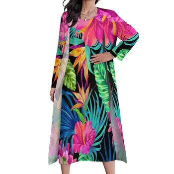 Платье с тропическим цветочным рисунком, Зеленый лист, сводящий с ума Гибискус, сексуальное Макси-платье, Уличные Богемные длинные платья с длинным рукавом на заказ, Vestidos