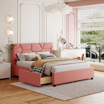 Полноразмерная Мягкая кровать-платформа с Кирпичным рисунком и 4 Выдвижными ящиками, Льняная ткань, Розовый