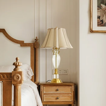 Полностью медная хрустальная лампа Прикроватная тумбочка для спальни, гостиная, кабинет, роскошная элегантная ткань в стиле ретро