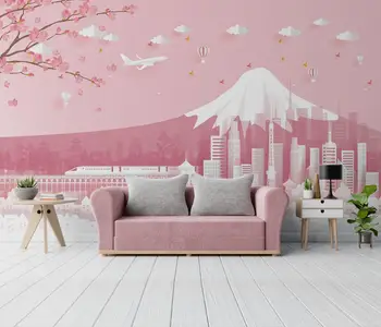 Пользовательские обои в скандинавском стиле с японским рисунком горы Фудзи для детской комнаты розовый фон ТВ Фон стены Домашний декор Обои