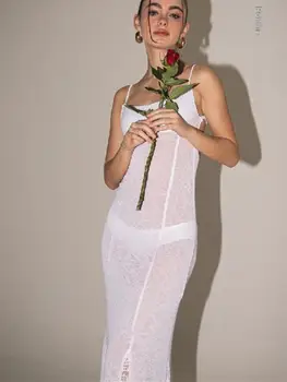 Прозрачное сетчатое женское облегающее платье с открытой спиной, сексуальное платье без рукавов, летние вечерние макси-платья 2023, пляжные клубные повседневные платья Y2K Elegance