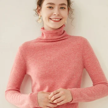 Пуловер с высоким воротом из 100% чистой шерсти, осенне-зимний кашемировый свитер, женский повседневный вязаный пуловер, топ, женская корейская мода