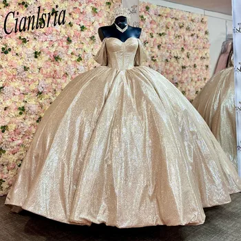 Пышные платья с открытыми плечами цвета шампанского 2023, Блестящее кружевное бальное платье Sweet 16 Princess Dress Gala Vestido De 15 Anos