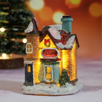 Рождественские деревенские домики с теплой белой светодиодной подсветкой, маленький домик из смолы, работающий на батарейках, рождественский орнамент для домашнего рождественского декора