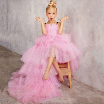 Розовое многоуровневое платье цветочницы С пышными оборками для театрализованного представления для маленьких девочек, Многоуровневые платья для свадьбы, Первого причастия