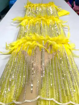 Роскошное Африканское кружево из перьев, высококачественное Французское кружево, желтые блестки, Вышитая бисером кружевная ткань, свадебное платье