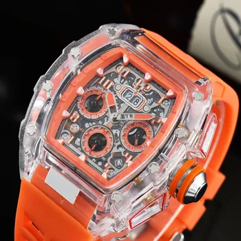Роскошные 6-контактные кварцевые часы Richard с прозрачным безелем, мужские автоматические часы, мужские дизайнерские наручные водонепроницаемые часы