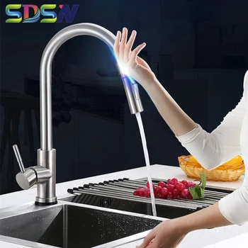 Сенсорный кухонный кран SDSN SUS304, Кухонный кран с датчиком из нержавеющей стали, Выдвижной кухонный смеситель, Матовый Сенсорный кухонный кран