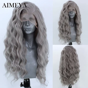Серый кружевной парик AIMEYA Sliver Синтетические парики на кружеве спереди для чернокожих женщин, парик для косплея, Парики с длинными волнистыми волосами, высокотемпературное волокно