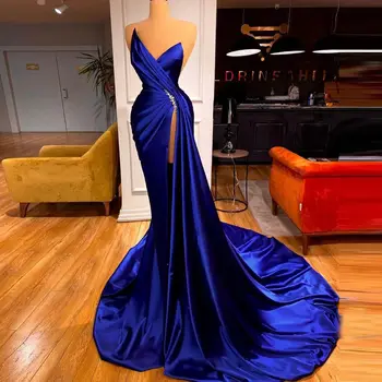 Синее сексуальное модное элегантное вечернее платье без бретелек с V-образным вырезом, длина до пола, со шлейфом, платье для выпускного вечера с высоким разрезом, плюс размер, сшитый на заказ