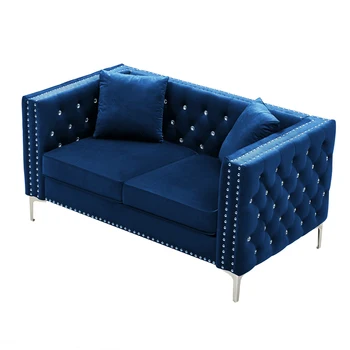 Синий бархатный диван шириной 59,4 дюйма с пуговицами, украшенными драгоценными камнями, квадратным подлокотником, 2 подушками