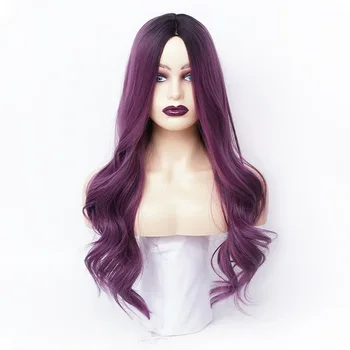Синтетические женские парики Similler с длинным омбре, Волнистые термостойкие волосы, боковая часть, черный и фиолетовый парик для ежедневного использования