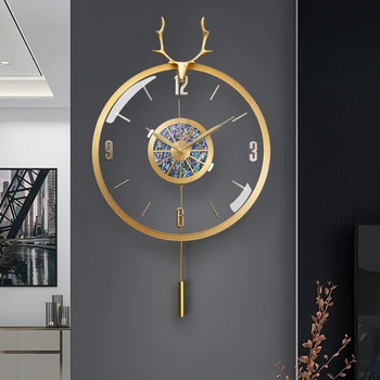 Скандинавские современные роскошные настенные часы из металла и меди с головой Оленя, креативные большие часы, настенный декор для дома, Бесшумные часы, идеи подарков для гостиной