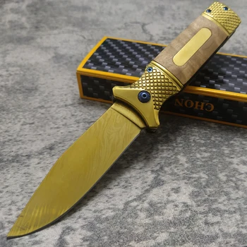 Складной нож из дамасской стали 440C Сталь Титан Ручка из черного дерева Карманный нож Небольшой инструмент для кемпинга и охоты EDC Ножи