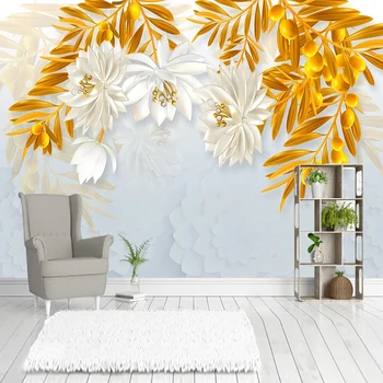 Современные креативные 3D Рельефные цветы Золотые Листья Фреска Тканевые обои для стен Гостиная телевизор Диван Фон Декор стен 3D Фреска