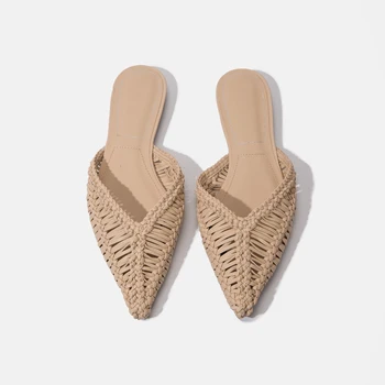 Современные тапочки, Лето 2023, новые тканые сандалии на плоской подошве с острым носком, французские полусапожки, женская модная обувь Mueller, слайды