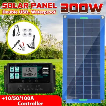 Солнечная панель мощностью 300 Вт, 12 В, 5 В, Двойной USB-контроллер, Водонепроницаемые Монокристаллические Солнечные элементы, Зарядное устройство-100A