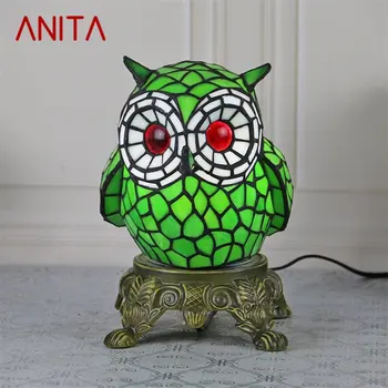 Стеклянная настольная лампа ANITA Tiffany, светодиодная мультяшная креативная Сова, Настольная лампа, Модный декор для дома, Прикроватная тумбочка для детской спальни
