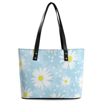 Сумки с белыми ромашками и цветами, художественная сумка через плечо из искусственной кожи, женская дорожная сумка-тоут с принтом, эстетичные сумки для покупок на молнии
