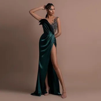 Темно-Зеленое Элегантное Вечернее платье длиной до пола с высоким разрезом и V-образным вырезом, аппликация для выпускного вечера в Дубае по особому случаю, сшитое на заказ