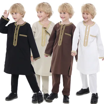 Тобе Для мальчиков, Саудовская Аравия, Комплект из 2 предметов с длинными рукавами, Кафтан Джубба Тобе, Ислам, Однотонная Мусульманская Детская Одежда Abaya Jalamia