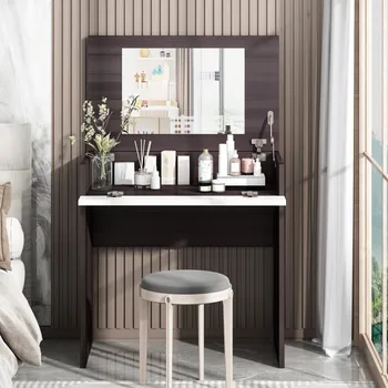 Туалетный столик для макияжа из черного и белого дерева с откидной зеркальной столешницей, вместительный туалетный столик для хранения мебели в спальне