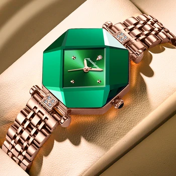 Уникальные женские часы с ромб-дизайном, роскошные женские часы с зеленым бриллиантом, кварцевые женские часы, водонепроницаемые Модные часы-браслет