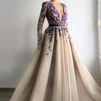 Фиолетовые кружевные платья для выпускного вечера из тюля с аппликацией, глубокий V-образный вырез, пояс, Свадебное вечернее платье трапециевидной формы длиной до пола, vestidos de fiesta