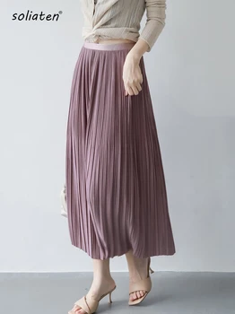 Французская однотонная плиссированная юбка с высокой талией, новая женская юбка-миди с эластичной резинкой на талии, универсальная женская юбка-миди трапециевидной формы C-082