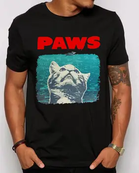Футболка унисекс Paws Jaws Parody. Футболка Funny Cat Lovers 2019 из хлопка с ярким принтом, приталенная футболка с круглым вырезом на заказ.