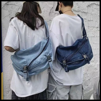 Холщовая сумка большой емкости в винтажном стиле Унисекс, уличная спортивная сумка, джинсовые сумки через плечо, джинсы Harajuku, сумки для книг