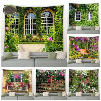 Цветочный гобелен Весенний забор Пейзаж Фон Ткань Настенный Сад Гостиная Украшение дома Эстетика Гобелены