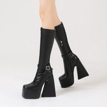 Черная металлическая пряжка для ремня, Женские сапоги на толстом каблуке до колена в стиле панк, Квадратный носок, Высокие сапоги на массивной платформе, Обувь для вечеринок