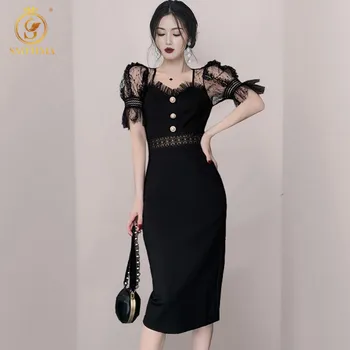 Что-то новенькое Модное черное кружевное платье в стиле пэчворк для женщин с коротким рукавом Элегантные винтажные Темпераментные летние платья Vestidos