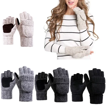 Шерстяные перчатки унисекс, Теплоизоляционные Перчатки без пальцев, Зимние Теплые Вязаные Варежки-трансформеры с клапаном