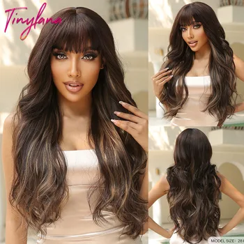 Шоколадно-коричневые Светлые синтетические парики с изюминкой, длинный волнистый косплей-парик с челкой для женщин, афро-натуральные Термостойкие волосы