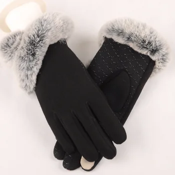 Элегантные зимние перчатки Женские хлопчатобумажные перчатки Варежки с помпоном из натурального меха кролика, водительские перчатки с сенсорным экраном