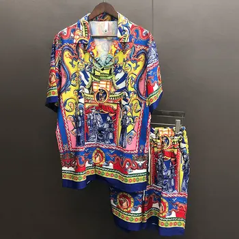 Этническая винтажная рубашка с портретным принтом, Короткий рукав, повседневная мужская рубашка, Костюм, Летняя Camisa Masculina, Контрастный комплект, Moda Hombre